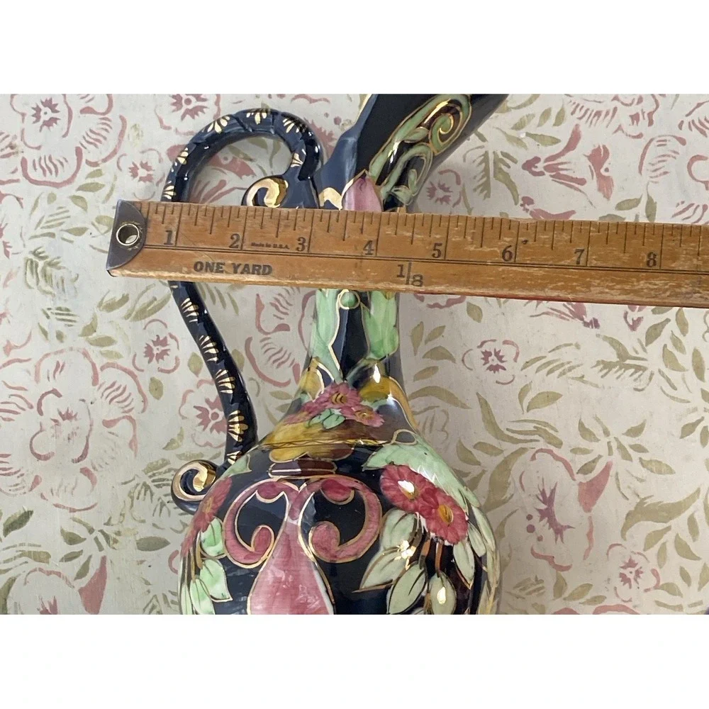 Elegant Hubert Bequet Hand Painted Black Gold Pitcher/Ewer/Vase Belgium Mid Cent